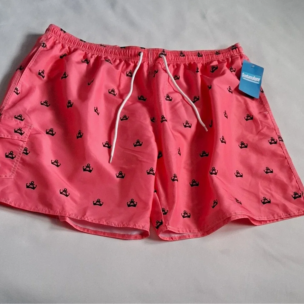 Scotamalone Men's Anchor Print Swim Trunks Pink/Black Mesh Lined Size XXXL